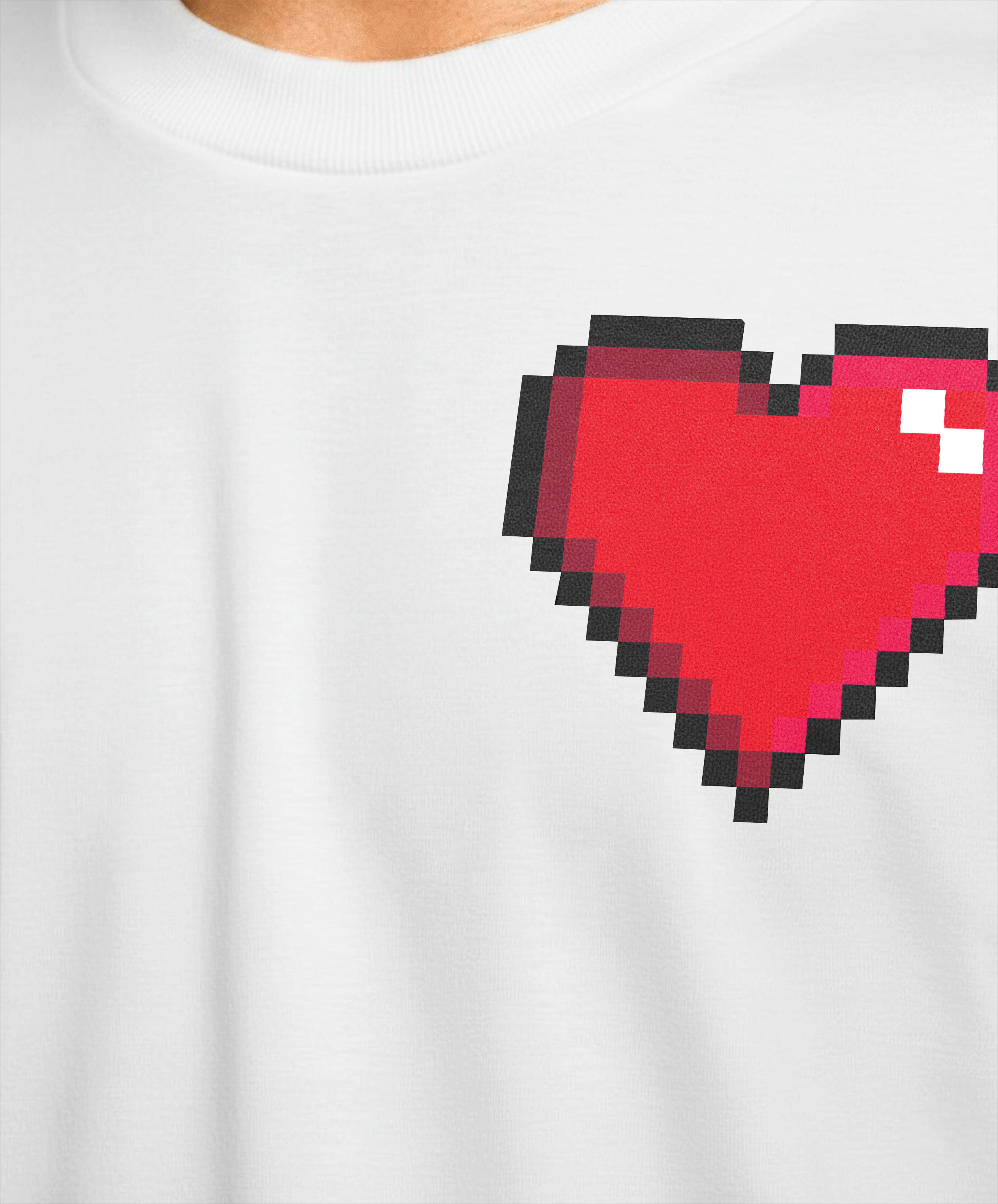White t-shirt with a pixelated red heart design on a white background