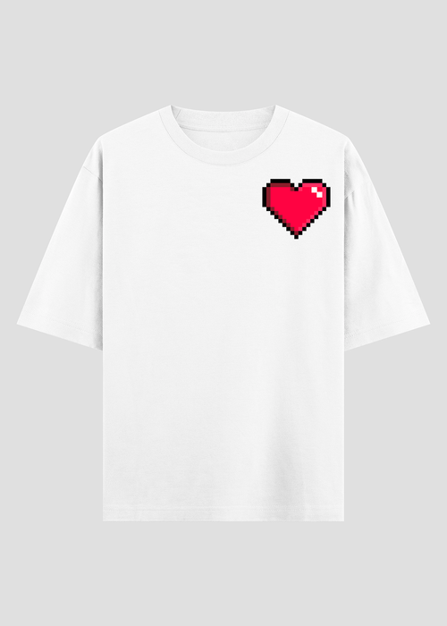 White t-shirt with a red heart design on a gray background