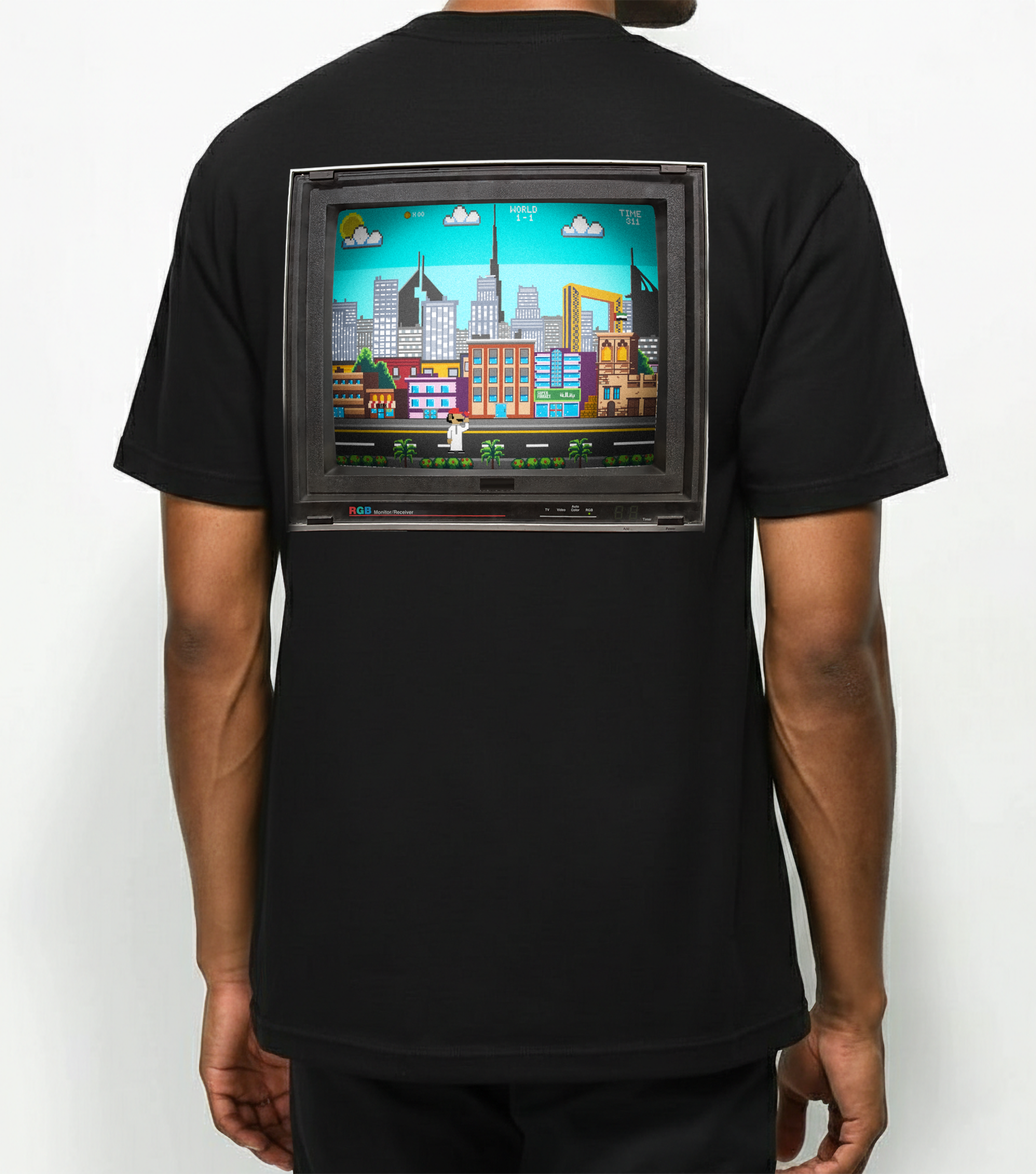 cityscape from a popular game on a CRT monitor on the backside of a black tshirt