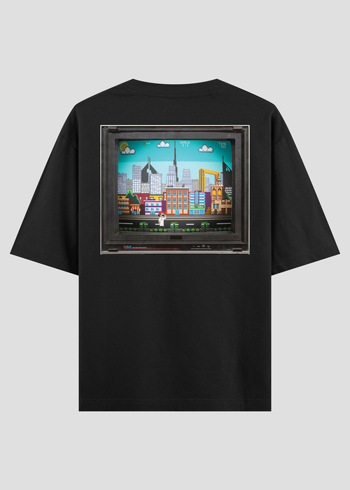 Black t-shirt with a colorful graphic of a cityscape 