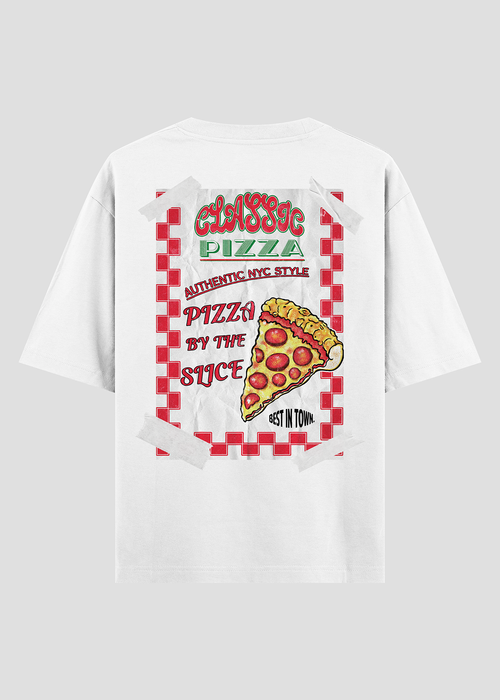 White t-shirt with pizza-themed graphic on a white background