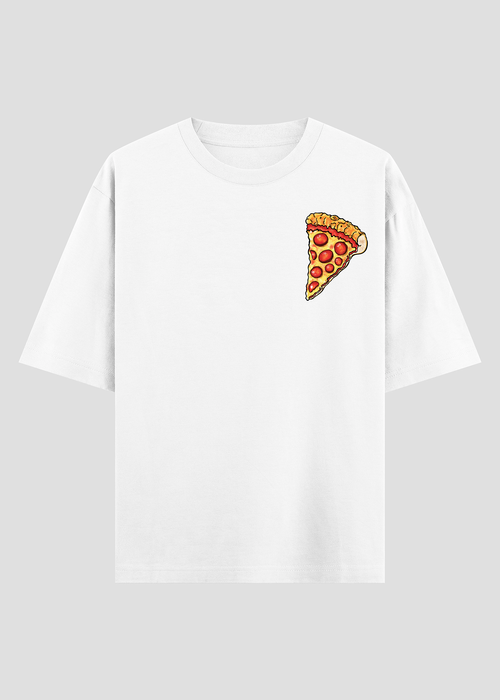 White t-shirt with a pizza slice graphic on a light gray background