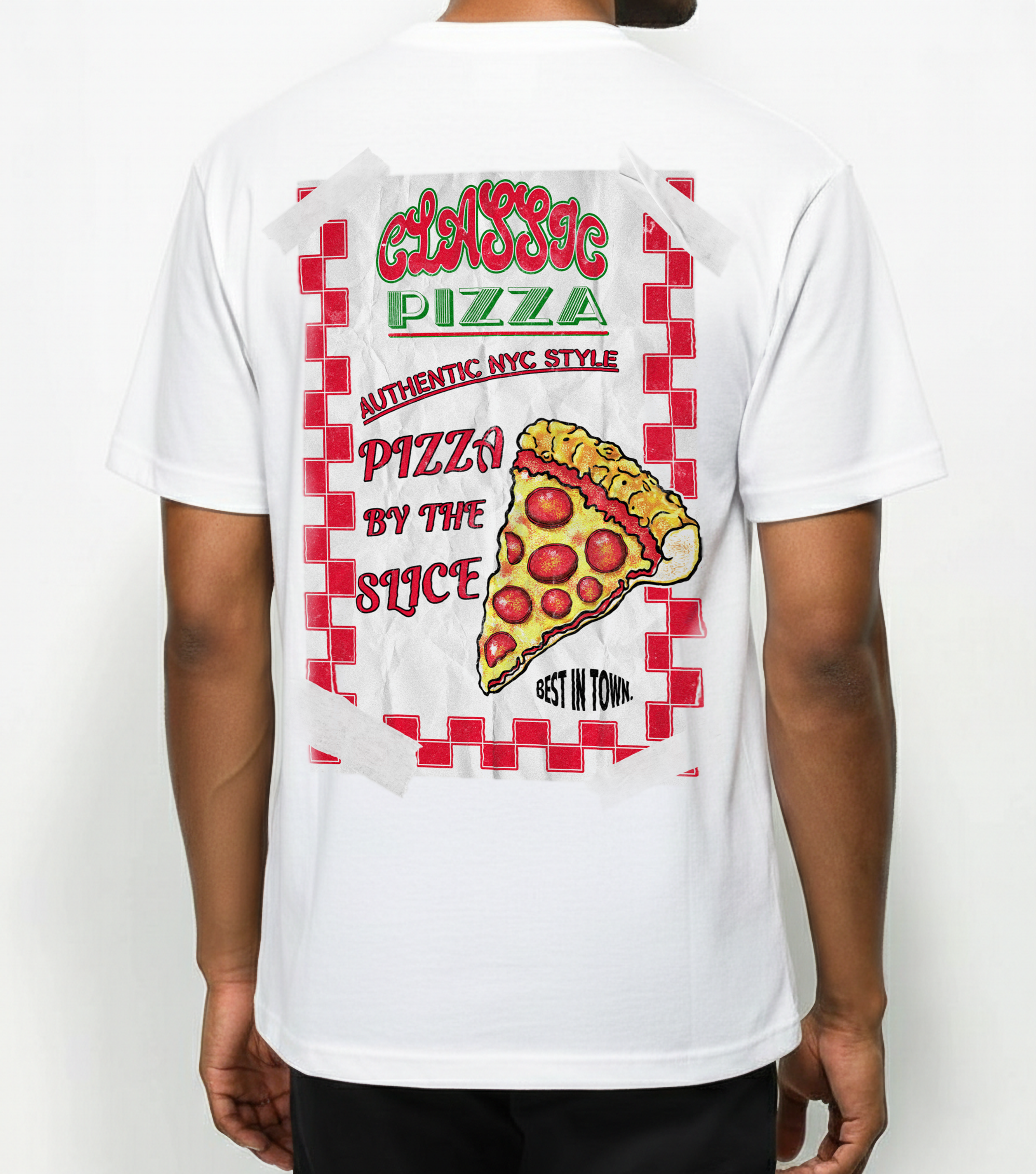 White t-shirt with a vintage pizza-themed poster graphic on the back, featuring text and a slice of pizza.