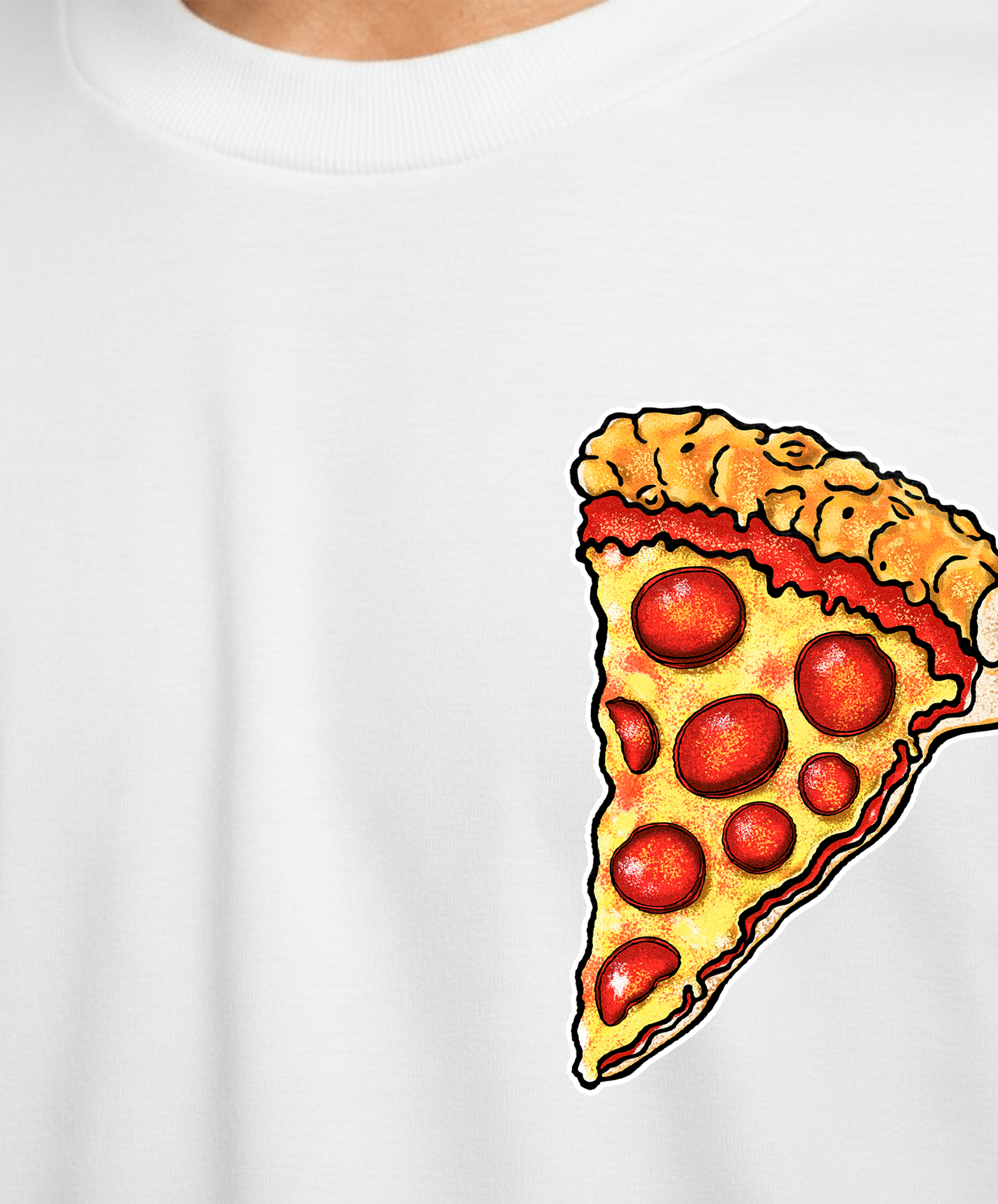 White t-shirt with a colorful pizza slice graphic on a white background