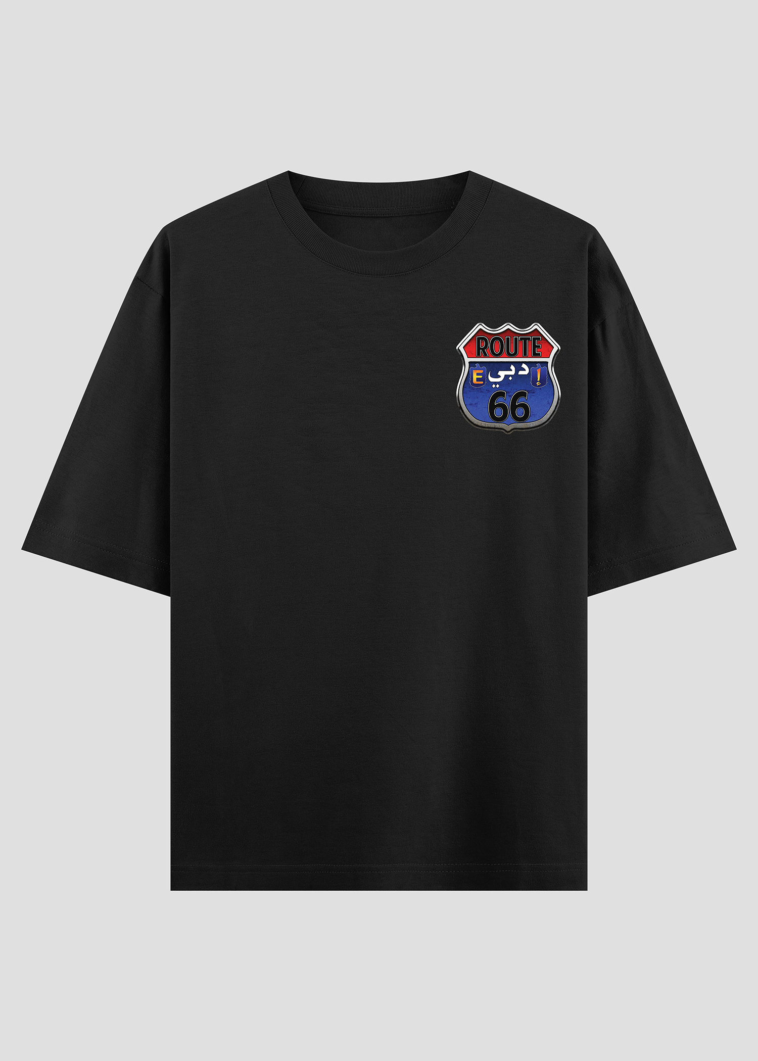 Black t-shirt with Route 66 logo on a gray background