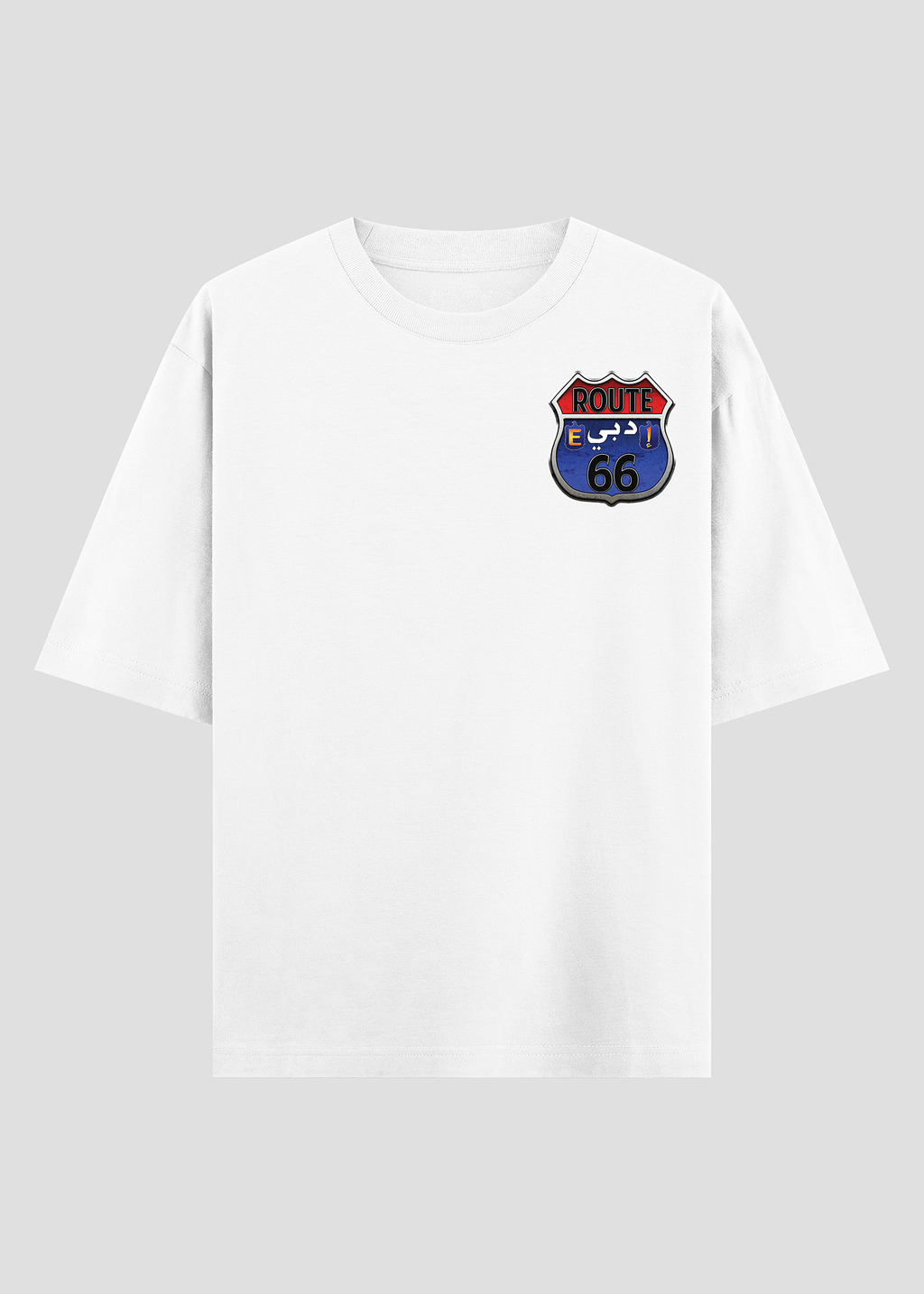 White oversized streetwear tee with Route E66 design 