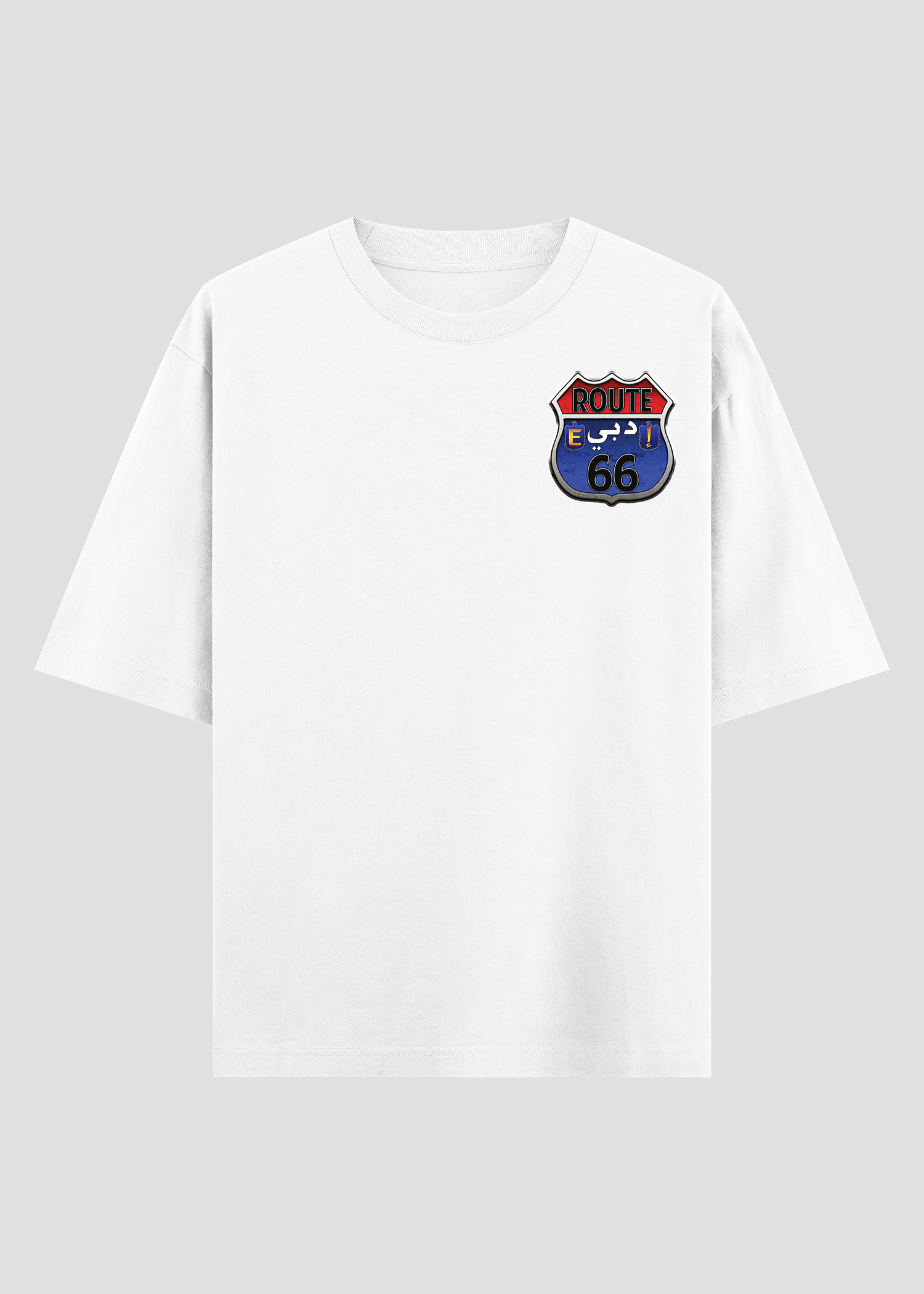 White oversized streetwear tee with Route E66 design 