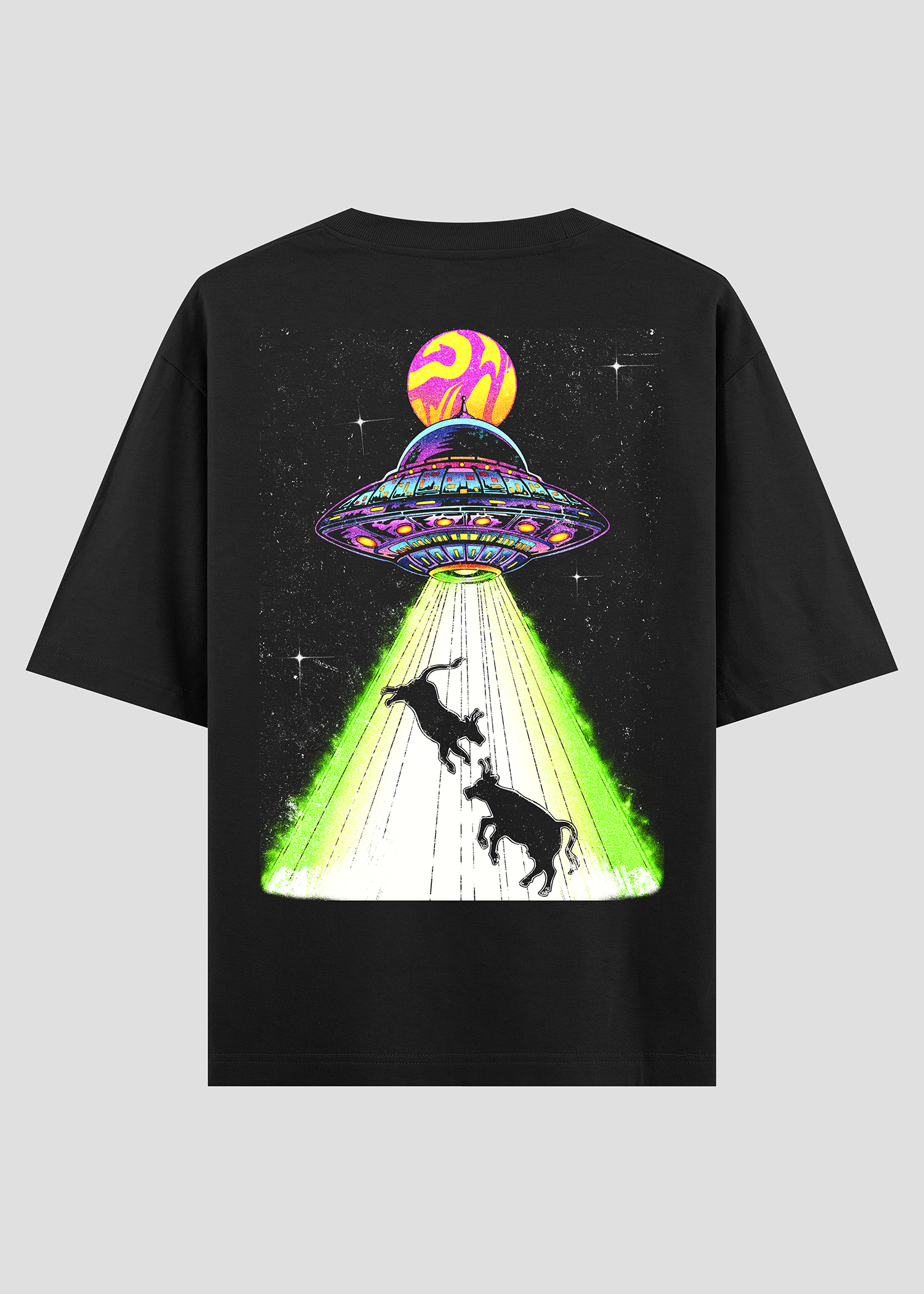 Black t-shirt with a colorful UFO graphic 