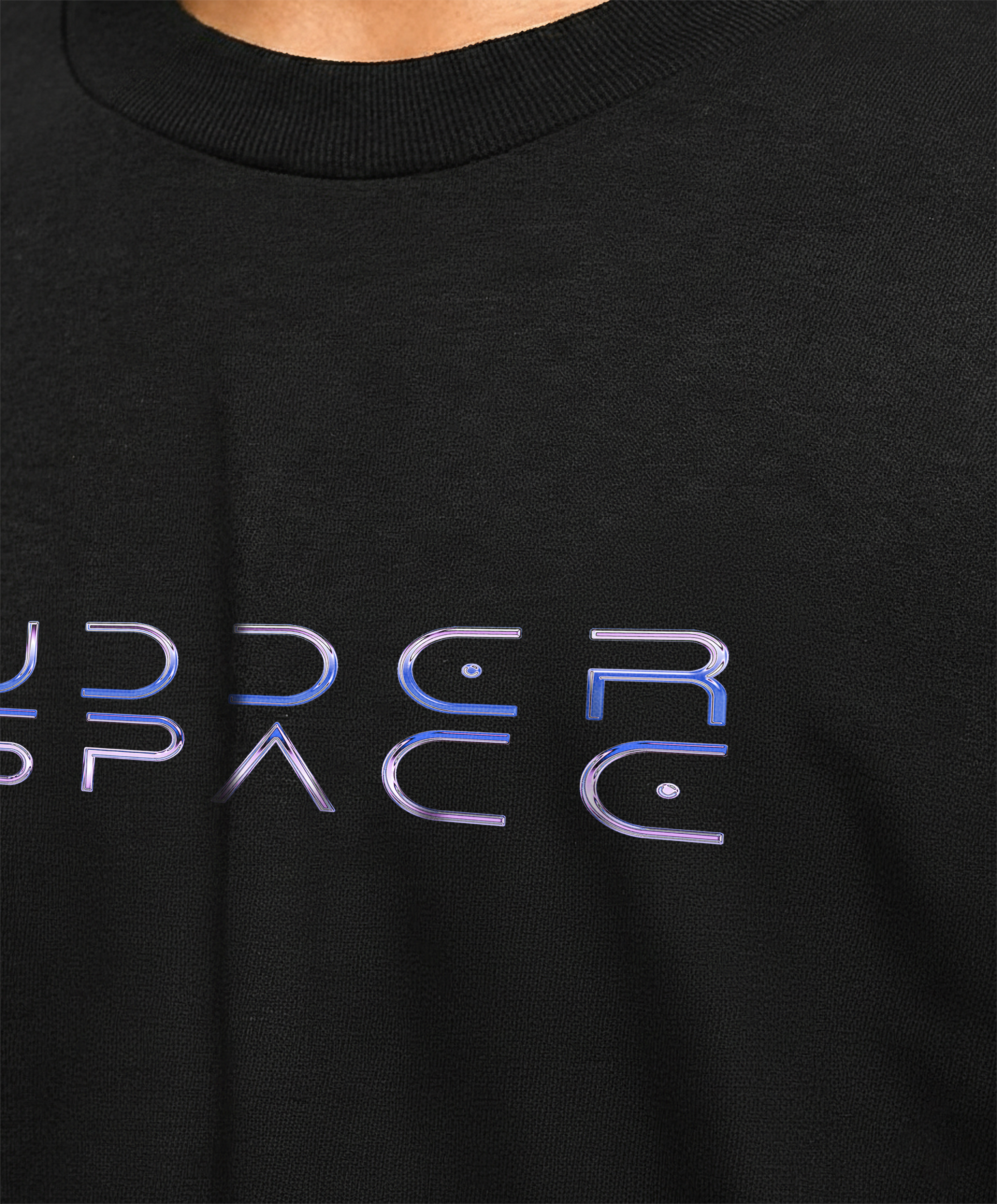 Black t-shirt with 'Udder Space' logo in metallic blue and silver on a black background